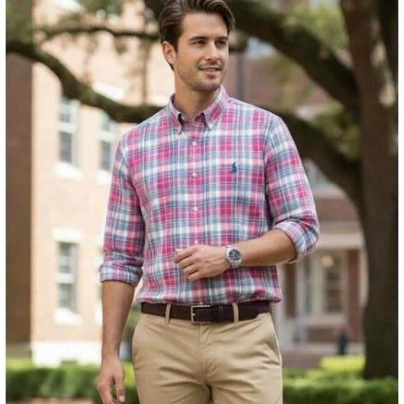 Polo Ralph Lauren Size XL Slim Fit Shirt Cotton Stretch Pink Plaid Button Up - Picture 2 of 8